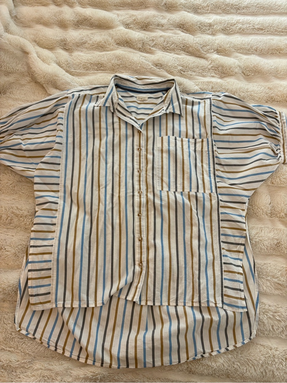 Pilcro Anthropologie Casual Button-Up Shirt in Cream with Blue and Brown Stripes